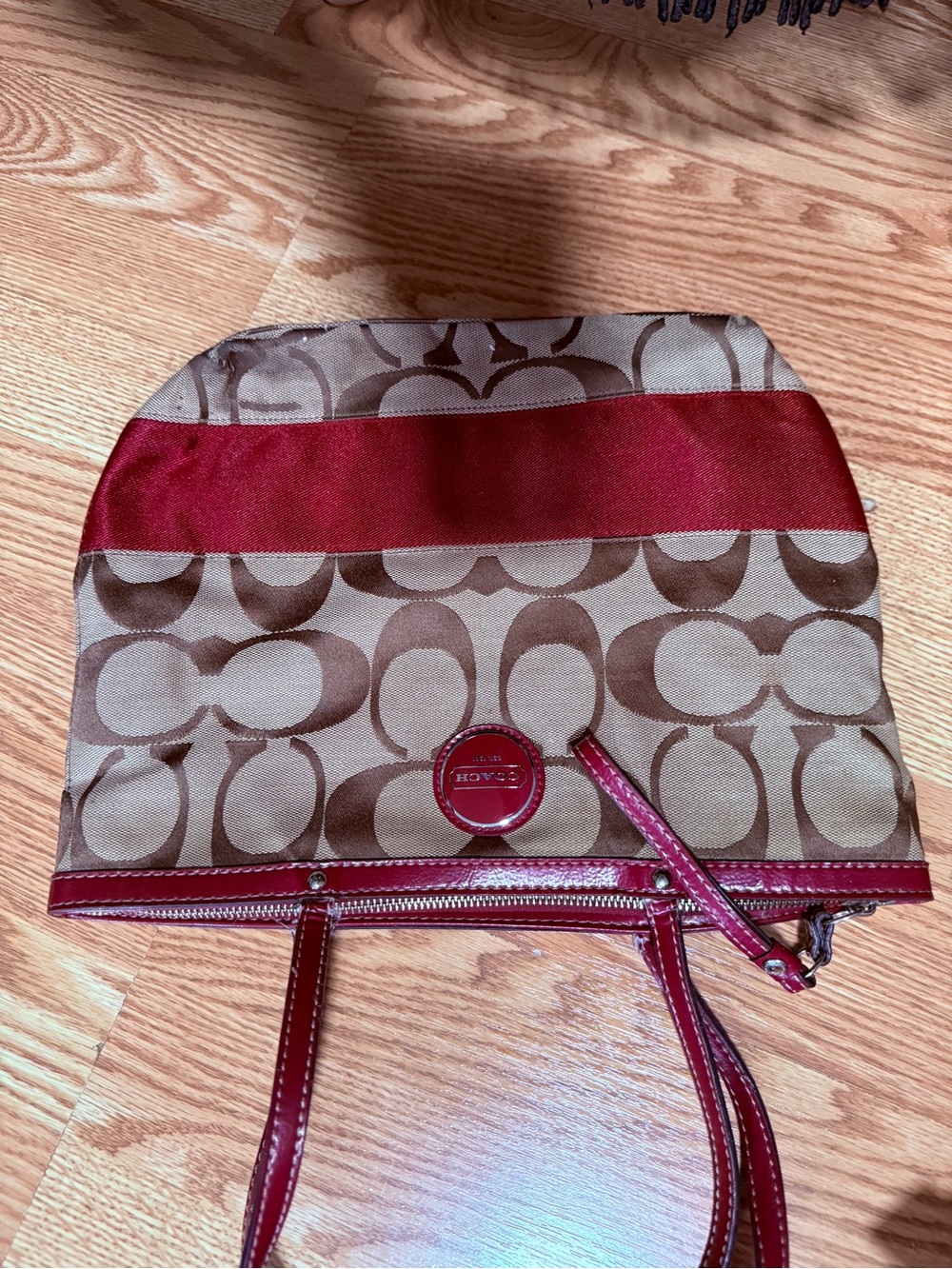 Coach Khaki Canvas Shoulder Tote with Red Trim